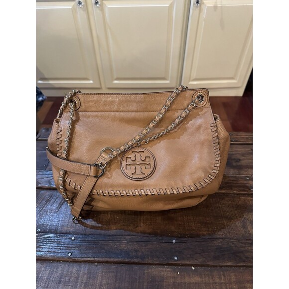 Tory Burch Marion Whipstitch Saddle Bag Tan Leather 2-way Bag Soft - Picture 1 of 10